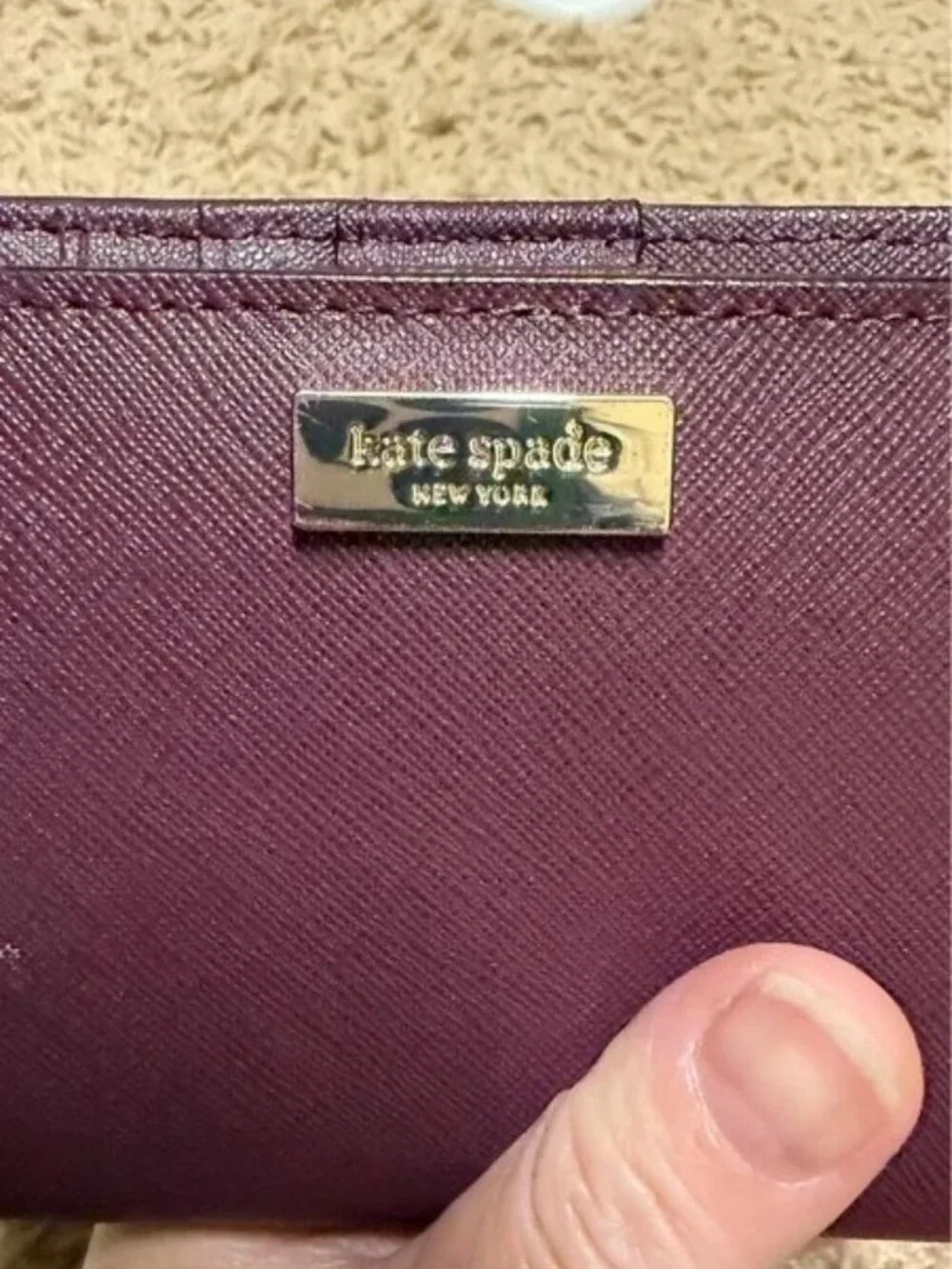 kate spade Deep Burgundy Saffiano Leather Long Wallet with Gold Plaque
